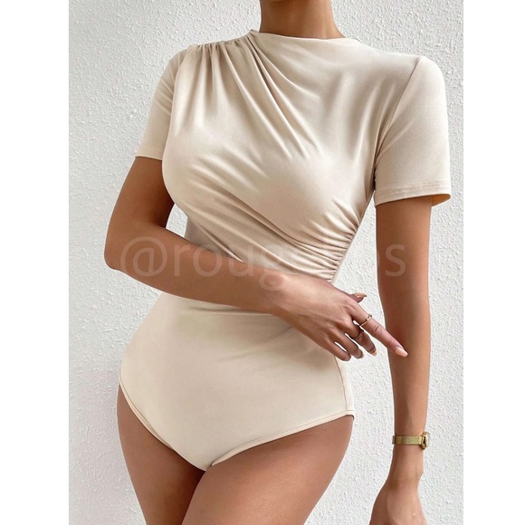 Ruched Beige Asymmetrical Short Sleeve Bodysuit - Picture 3 of 10